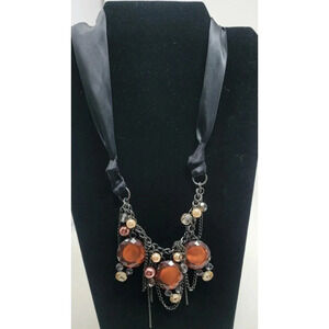 Goth Victorian Look Ribbon Tie Jeweled Necklace